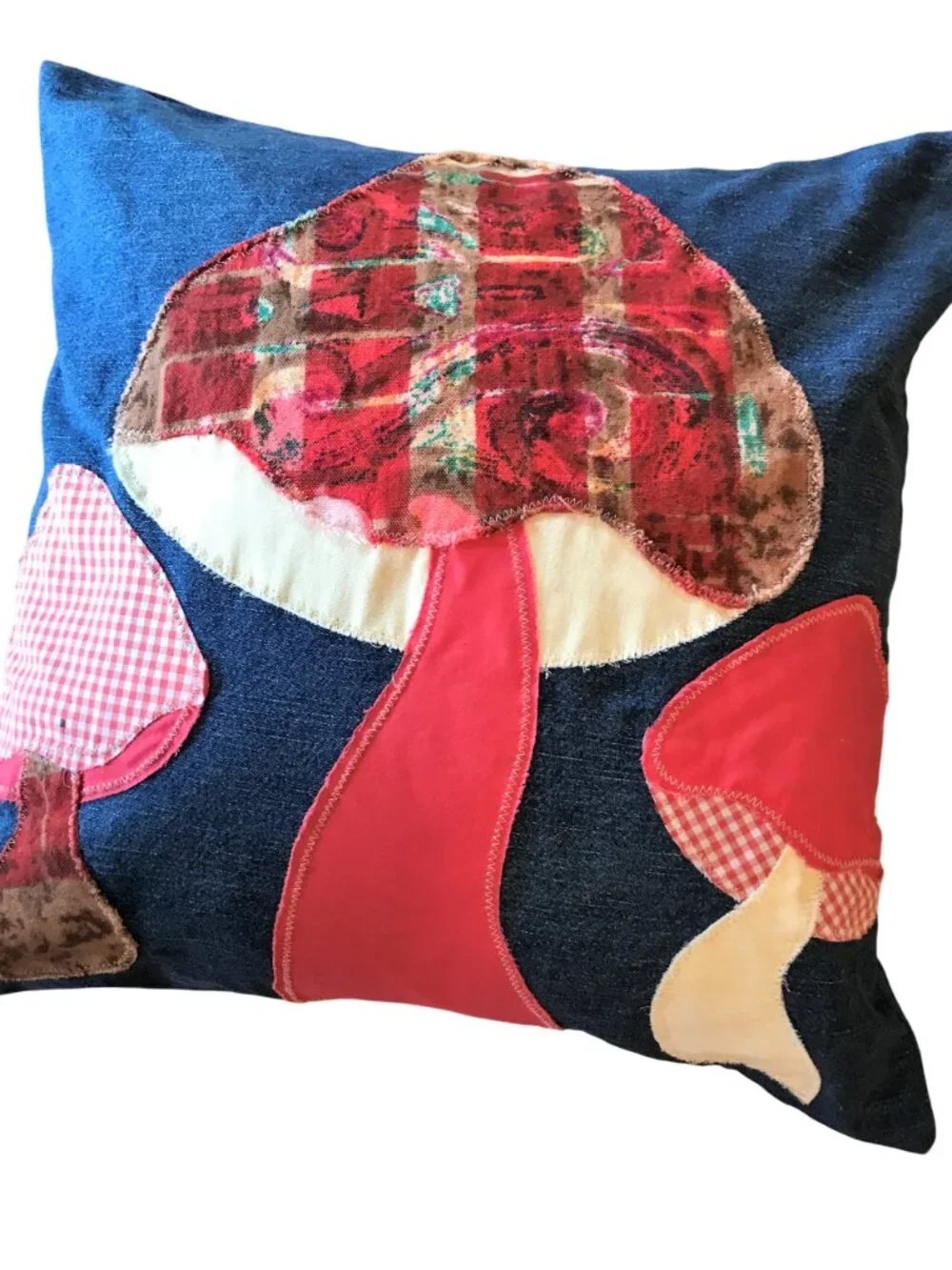 Mushroom Pillow Cover, Handmade 18 x 18 Whimsical Cottagecore Recycled Denim